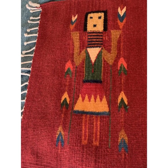 Vintage Zapotec Rug Women of the Cornfield Red Hand Woven Wool 23 x 41 Fringed - Picture 4 of 13